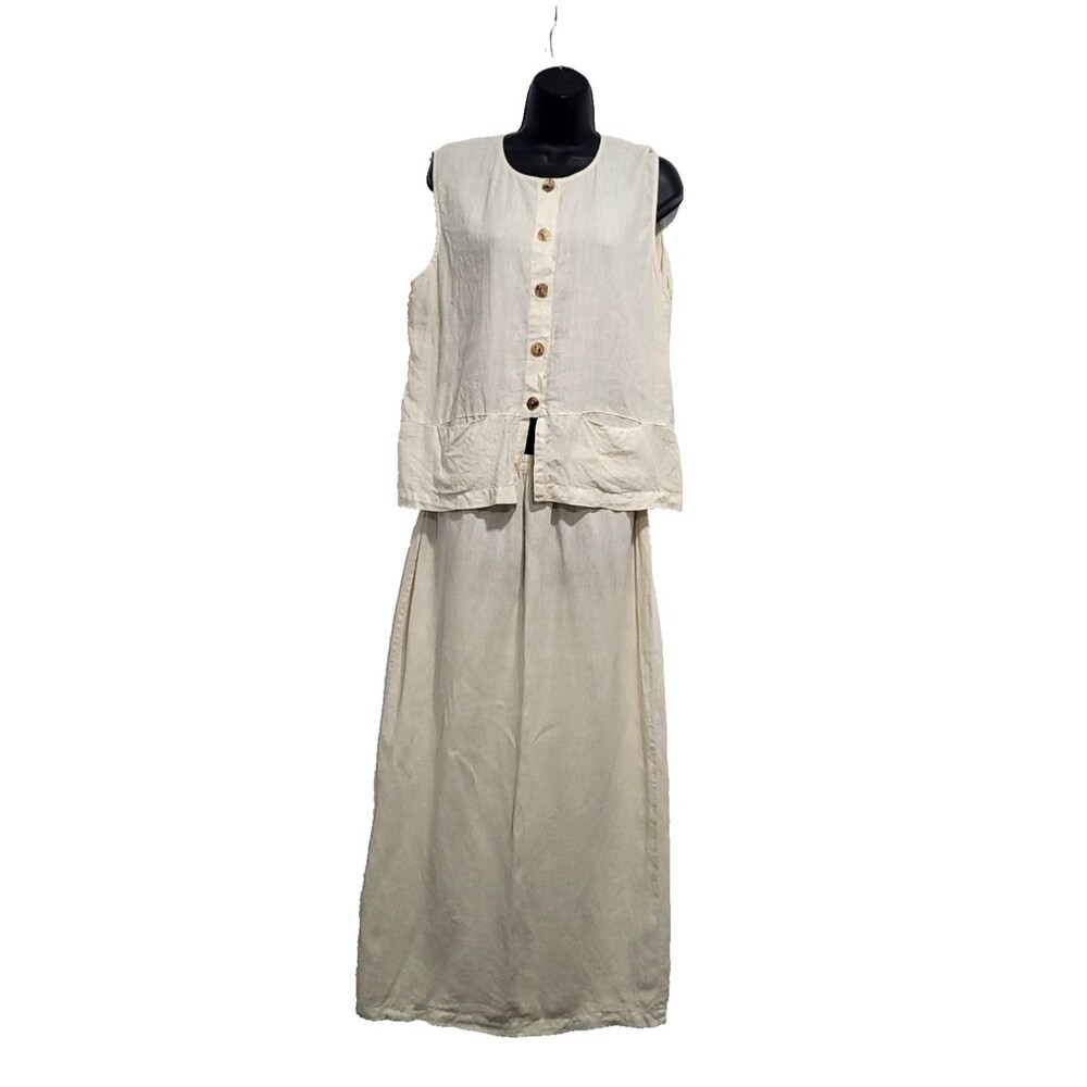 Citron Bleu Linen set M Maxi‎ Skirt & Vest Top Capis Shell Buttons Y2K Coastal